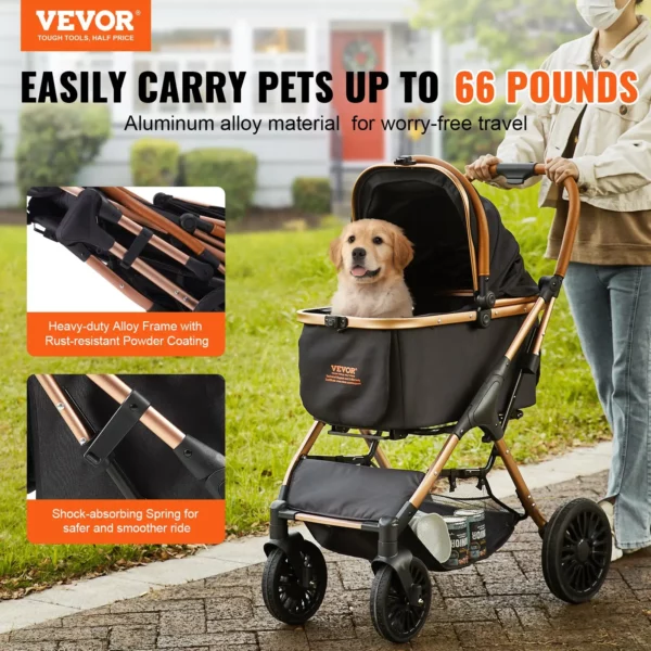 VEVOR Pet Stroller, 4 Wheels Dog Stroller Rotate with Brakes, 66 lbs Weight Capacity, Puppy Stroller with Detachable Carrier, Storage Basket and Pet Pad, for Small to Medium Sized Dogs, Black