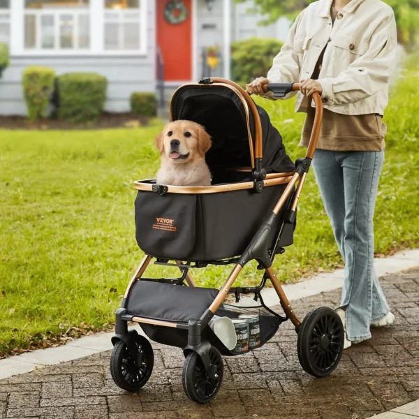 VEVOR Pet Stroller, 4 Wheels Dog Stroller Rotate with Brakes, 66 lbs Weight Capacity, Puppy Stroller with Detachable Carrier, Storage Basket and Pet Pad, for Small to Medium Sized Dogs, Black - Image 7