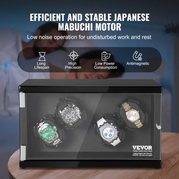 VEVOR Watch Winder, Watch Winder for 4 Men's and Women's Automatic Watches, with 2 Super Quiet Japanese Mabuchi Motors, Blue LED Light and Adapter, High-Density Board Shell and Black PU - Image 3