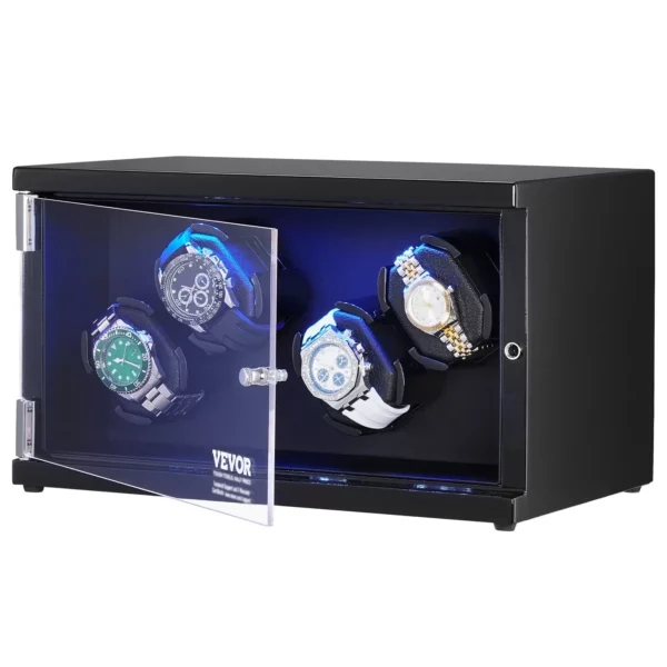 VEVOR Watch Winder, Watch Winder for 4 Men's and Women's Automatic Watches, with 2 Super Quiet Japanese Mabuchi Motors, Blue LED Light and Adapter, High-Density Board Shell and Black PU - Image 10